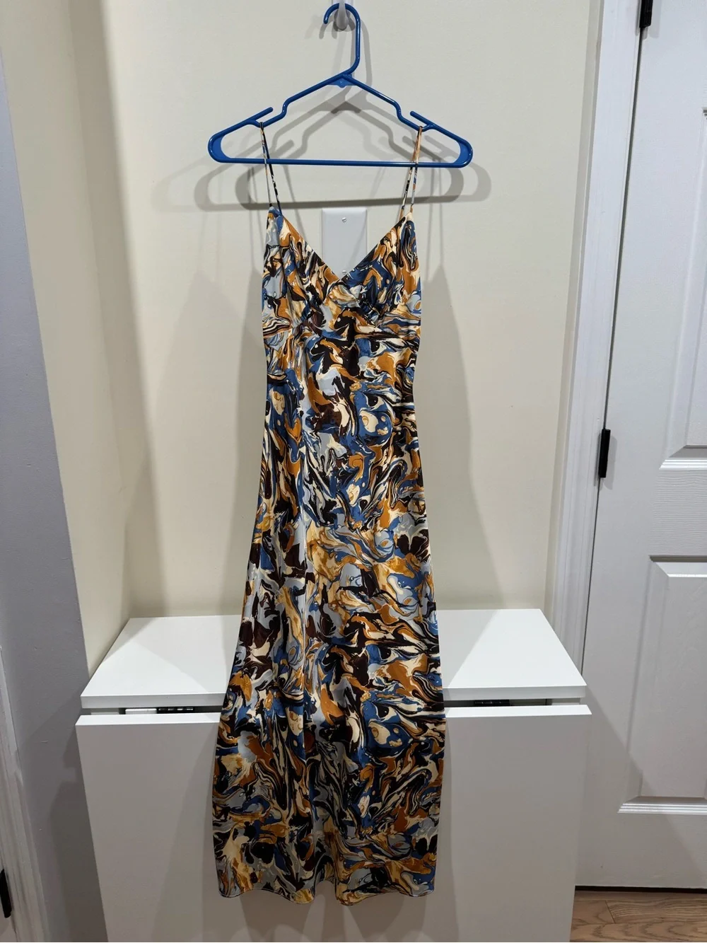 Spaghetti Strap Maxi Dress in Blue & Mustard Swirl